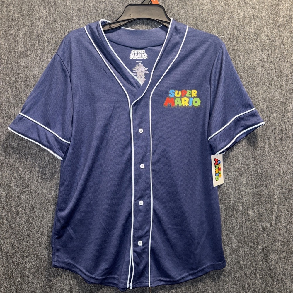 Super Mario‎ Baseball Jersey Shirt Blue Men Nintendo Short Sleeve Medium Buttons